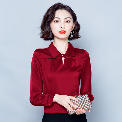 Moodne naiste siidist särk klassikalise krae ja pikkade varrukatega