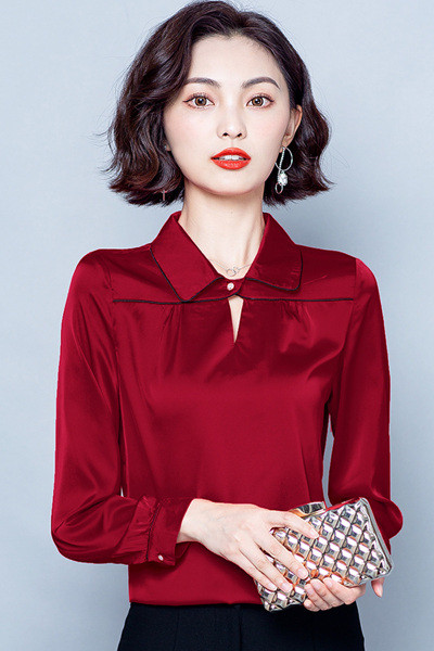 Moodne naiste siidist särk klassikalise krae ja pikkade varrukatega