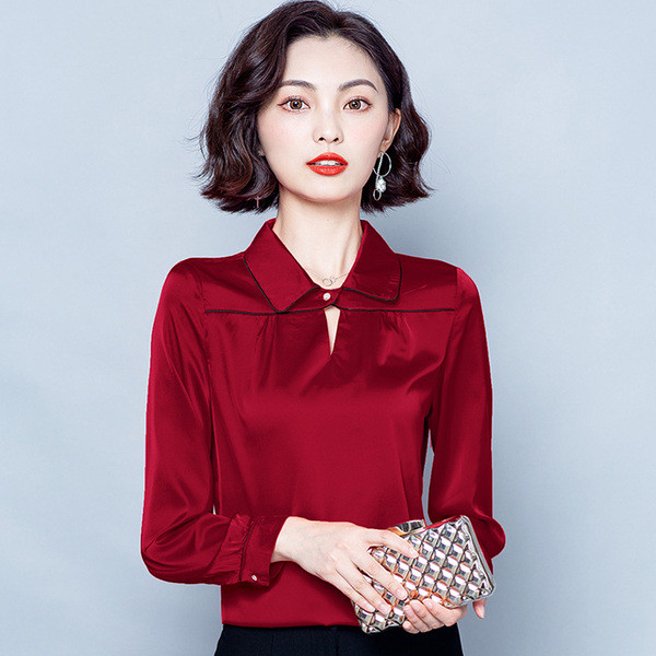 Moodne naiste siidist särk klassikalise krae ja pikkade varrukatega