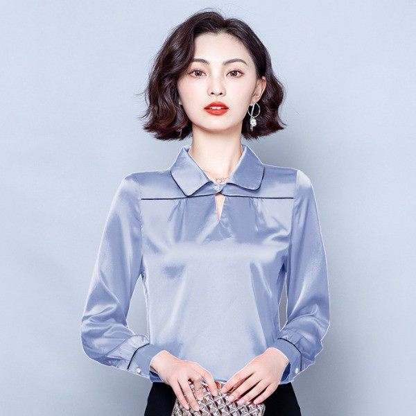 Moodne naiste siidist särk klassikalise krae ja pikkade varrukatega