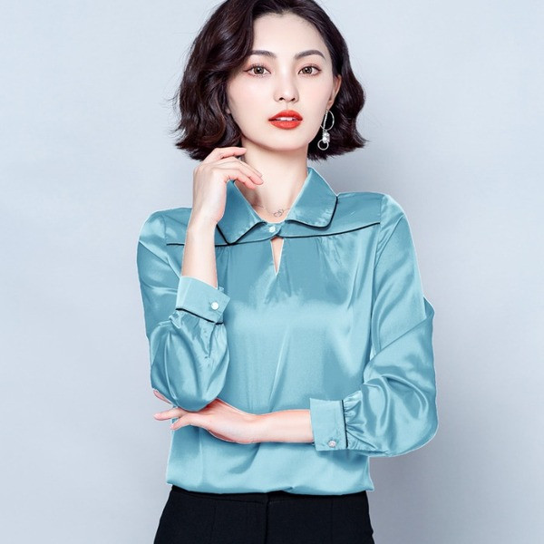 Moodne naiste siidist särk klassikalise krae ja pikkade varrukatega