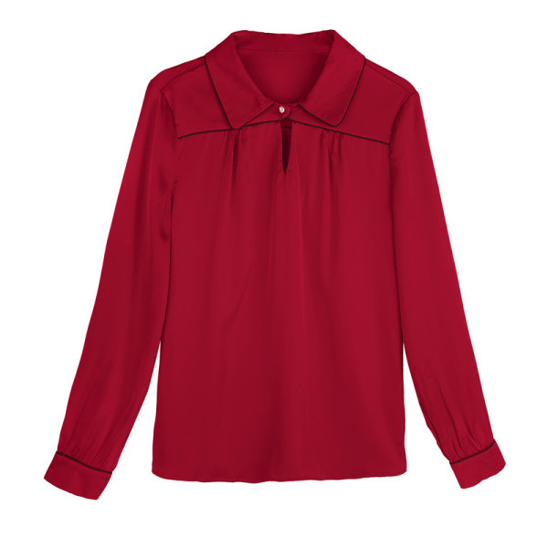 Moodne naiste siidist särk klassikalise krae ja pikkade varrukatega