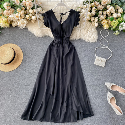 Дамска дълга рокля с V-образно деколте и гол гръб