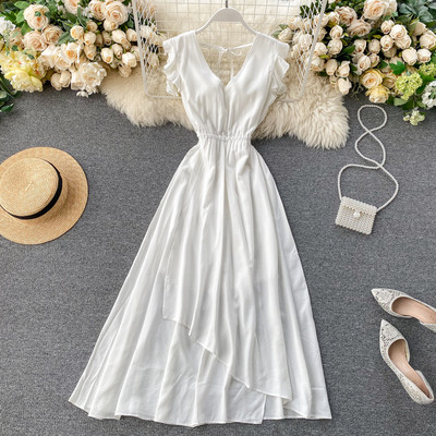 Дамска дълга рокля с V-образно деколте и гол гръб