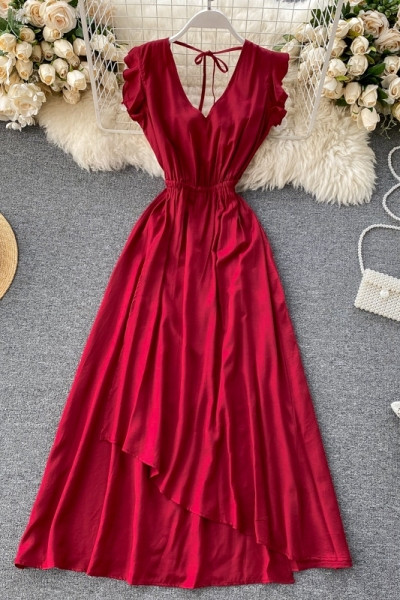 Дамска дълга рокля с V-образно деколте и гол гръб 