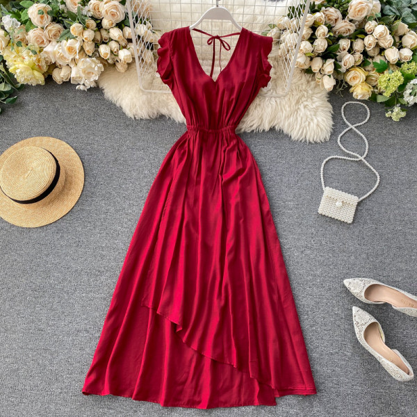 Дамска дълга рокля с V-образно деколте и гол гръб 