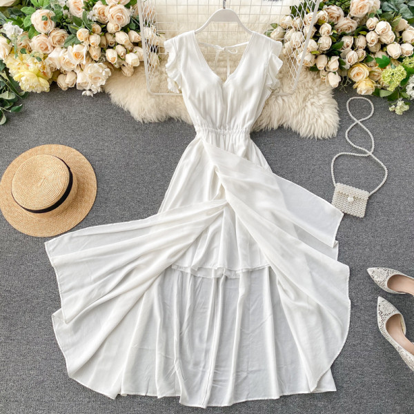 Дамска дълга рокля с V-образно деколте и гол гръб 