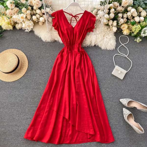 Дамска дълга рокля с V-образно деколте и гол гръб 