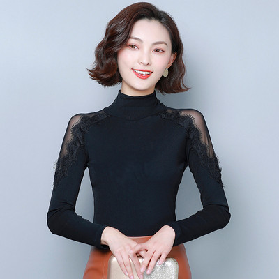 Must naiste pluus pitsi ja polo kraega