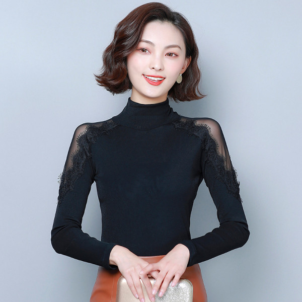 Must naiste pluus pitsi ja polo kraega