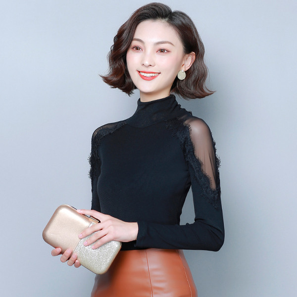 Must naiste pluus pitsi ja polo kraega