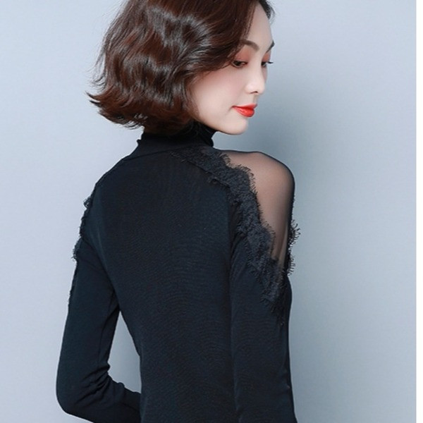 Must naiste pluus pitsi ja polo kraega