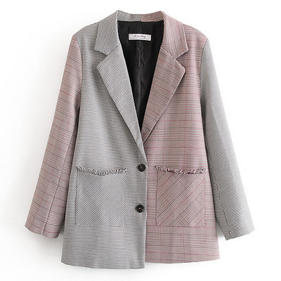 Модерно асиметрично карирано сако с джобове и копчета