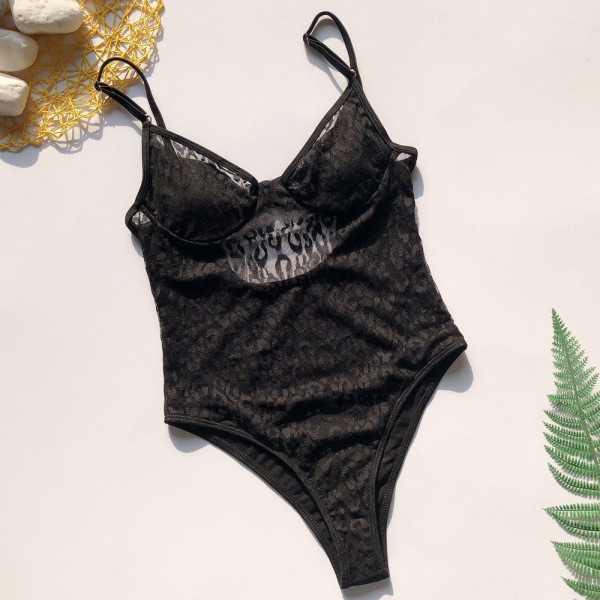 Läbipaistev täisujumistrikoo leopardimustri ja õhukeste rihmadega