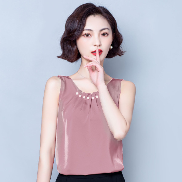 Moodne ümara dekoltee ja pärlitega naiste topp