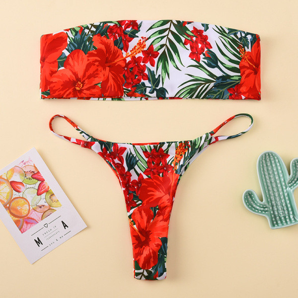 Modern kétrészes fürdőruha szalagos felsővel, virágmintával