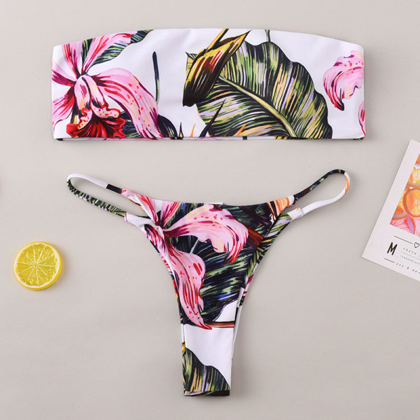 Modern kétrészes fürdőruha szalagos felsővel, virágmintával