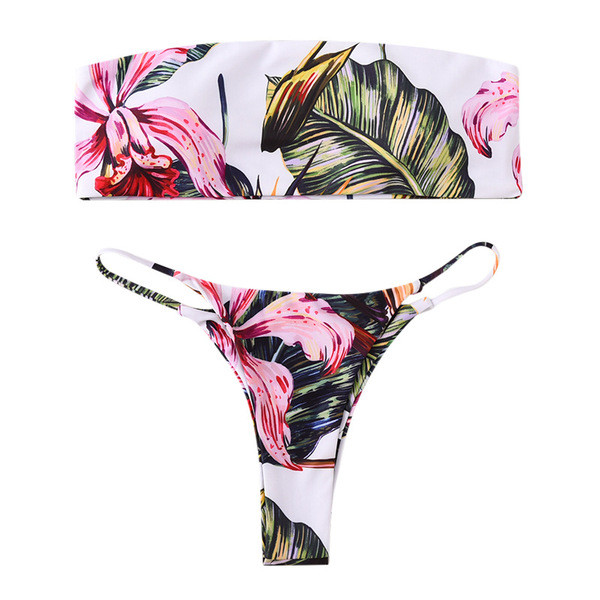 Modern kétrészes fürdőruha szalagos felsővel, virágmintával