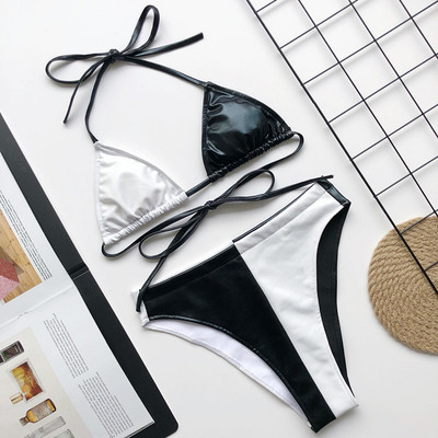 Moodne kahevärviline kunstnahast ujumistrikoo kolmnurkse ülaosaga