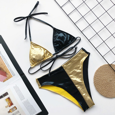 Moodne kahevärviline kunstnahast ujumistrikoo kolmnurkse ülaosaga