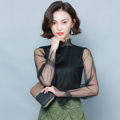 Stiilne naiste kõrge krae ja tüllvarrukatega pluus