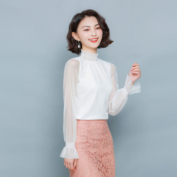 Stiilne naiste kõrge krae ja tüllvarrukatega pluus