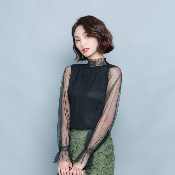 Stiilne naiste kõrge krae ja tüllvarrukatega pluus