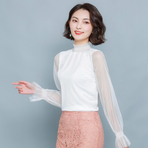 Stiilne naiste kõrge krae ja tüllvarrukatega pluus