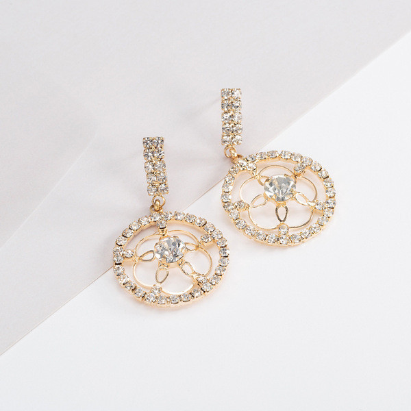 Modernūs moteriški apvalios formos kabantys auskarai su akmenukais