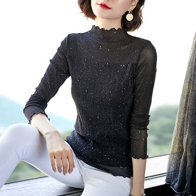 Moodne madala kraega ja läikiva efektiga naiste pluus