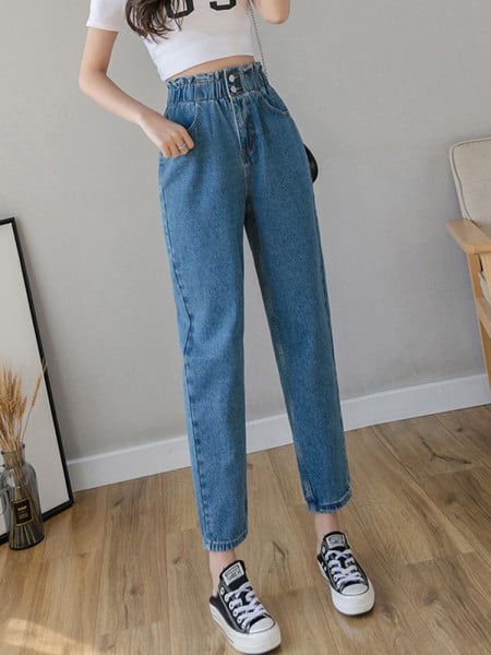 Modern női farmer gumírozott derékkal és gombokkal