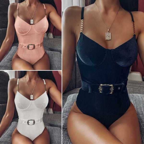 Нов модел стилен цял бански от рипсено кадифе с колан на талията и метални елементи