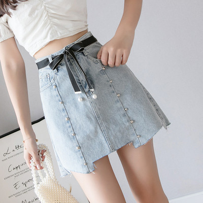 Alkalmi női farmerszoknya magas derékkal és A-vonallal