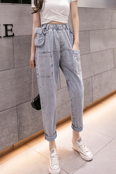 Vabaaja naiste teksapükste lai mudel elastse vöökoha ja taskutega