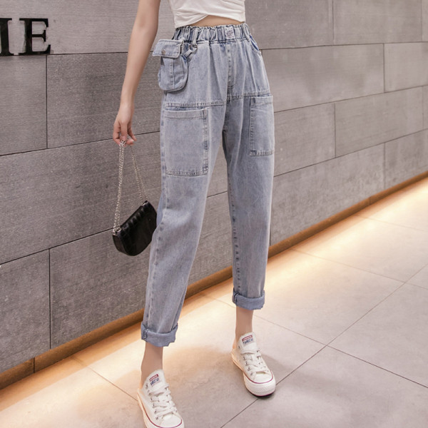 Vabaaja naiste teksapükste lai mudel elastse vöökoha ja taskutega