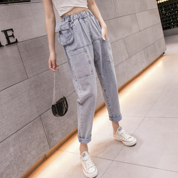 Vabaaja naiste teksapükste lai mudel elastse vöökoha ja taskutega