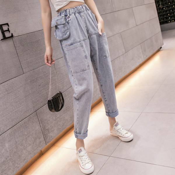 Vabaaja naiste teksapükste lai mudel elastse vöökoha ja taskutega