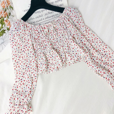 Актуална дамска блуза с паднали ръкави в син,бял и черен цвят