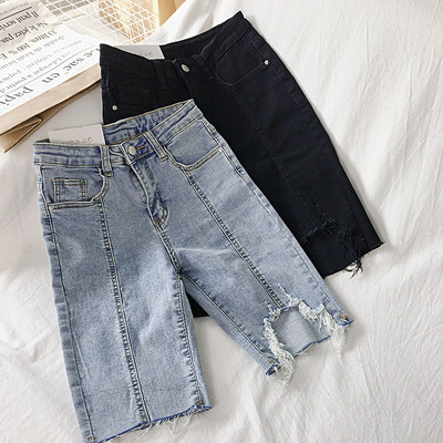 Pantaloni de dama din denim lungime 3/4 cu motive rupte