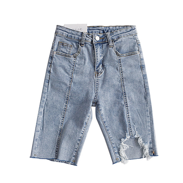 Női farmernadrág 3/4 hosszban, szakadt motívumokkal