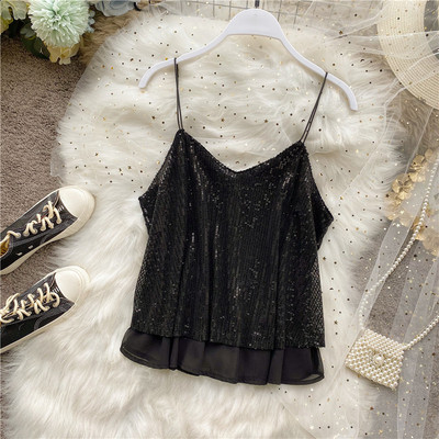 Модерен дамски потник с пайети и тънки презрамки