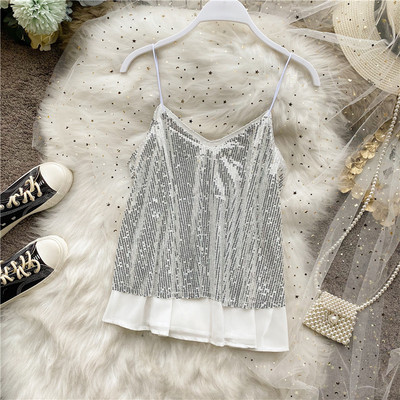 Модерен дамски потник с пайети и тънки презрамки