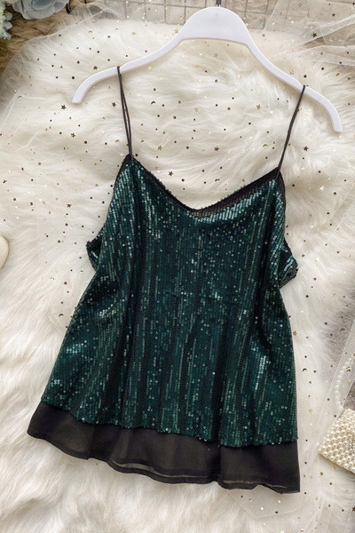 Модерен дамски потник с пайети и тънки презрамки