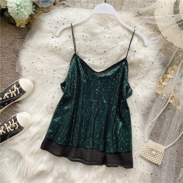 Модерен дамски потник с пайети и тънки презрамки