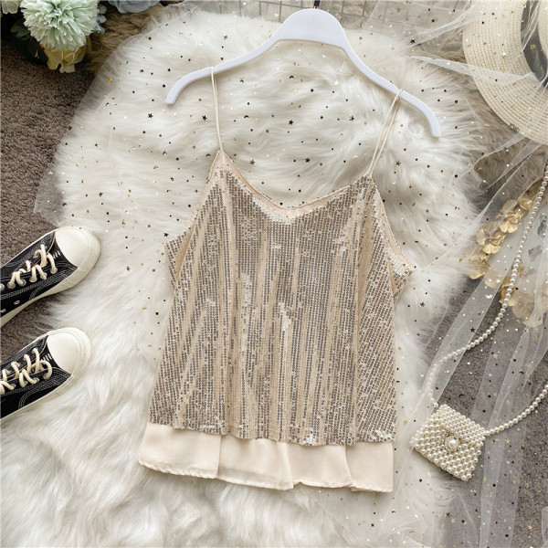 Модерен дамски потник с пайети и тънки презрамки