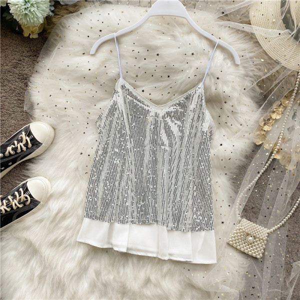 Модерен дамски потник с пайети и тънки презрамки