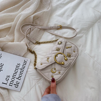 Moodne naiste nahast kott metallist elementidega ja pika õlasangaga