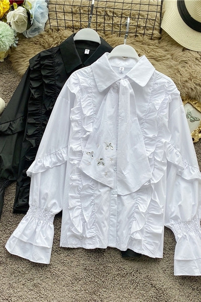 Uut mudelit lootosevarrukate, klassikalise krae ja kivikestega naiste särk