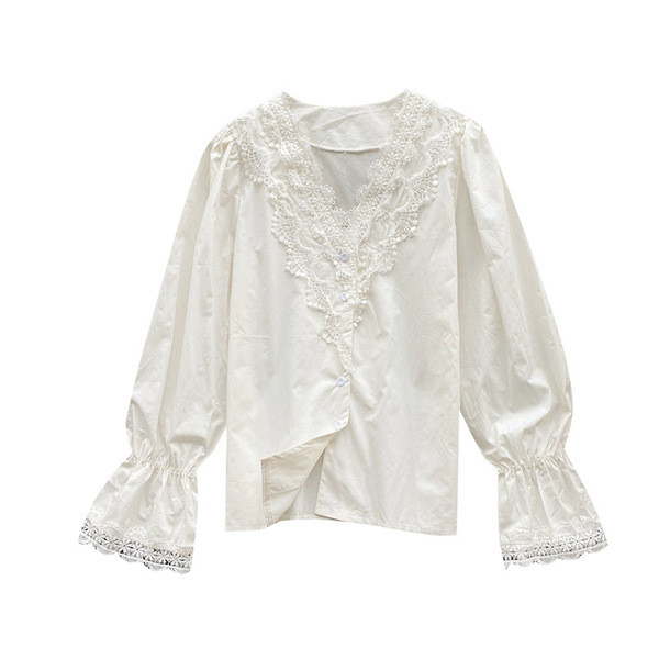 Moderna ženska košulja sa špic izrezom, čipkom i lotus rukavima