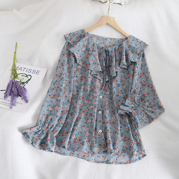 Дамска риза с копчета,флорален десен и дълъг ръкав 